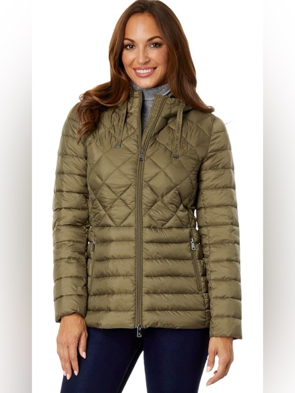 NWT Lauren Ralph Lauren Soft Puffer Hooded Recycled Jacket Olive Packable  Sz M